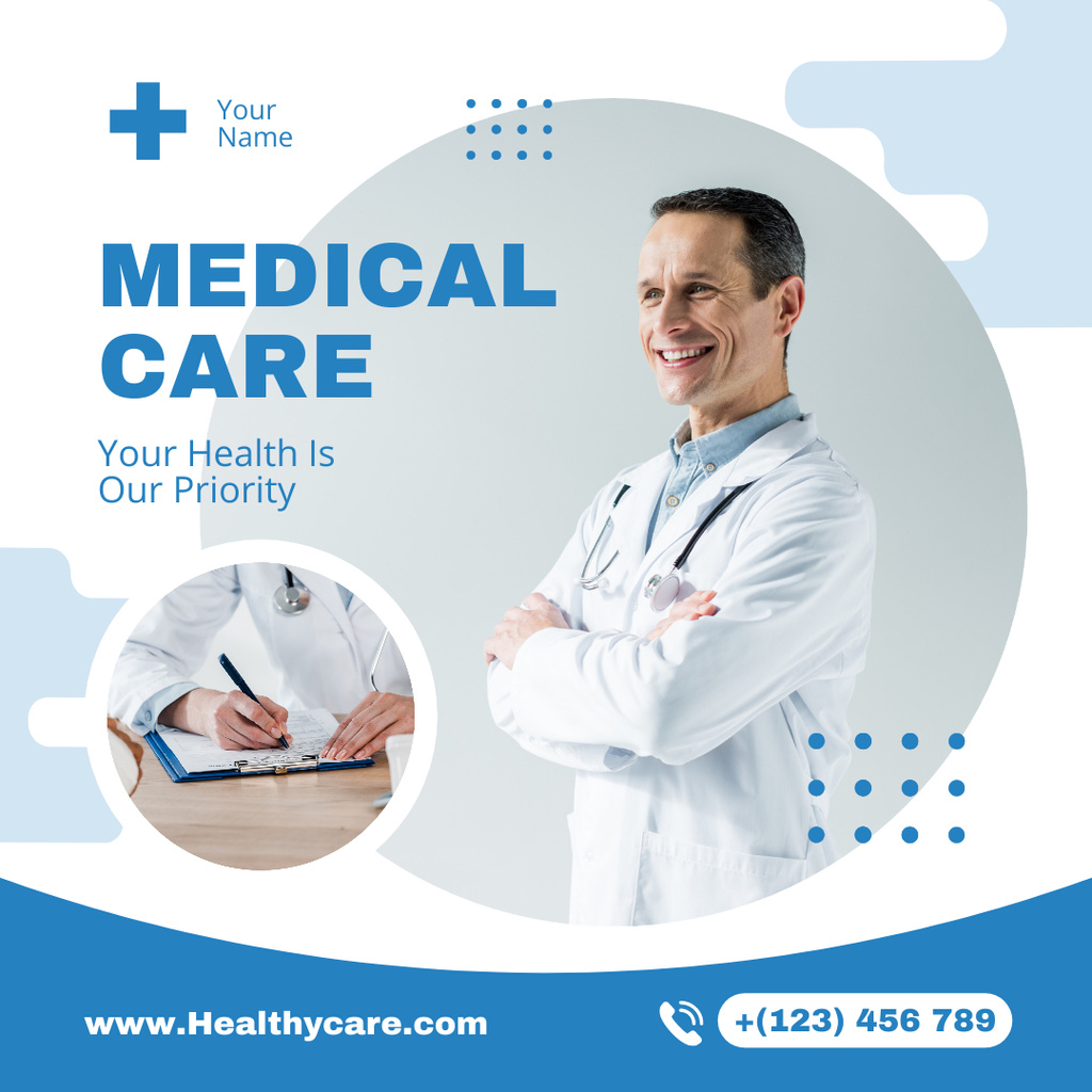 Services of Medical Care with Smiling Friendly Doctor Instagram Design Template