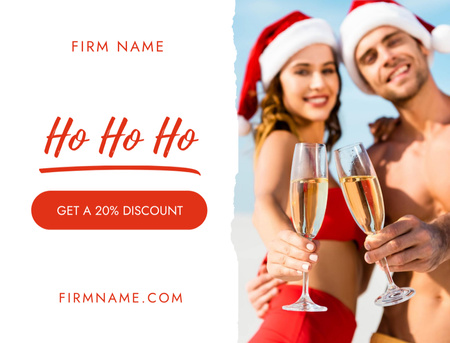 Young Couple in Santa Claus Hats Showing Glasses of Champagne Postcard 4.2x5.5in Design Template