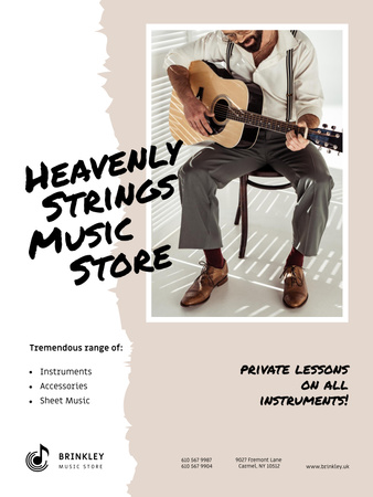 Music Store Offer with Man playing Guitar Poster 36x48in Design Template