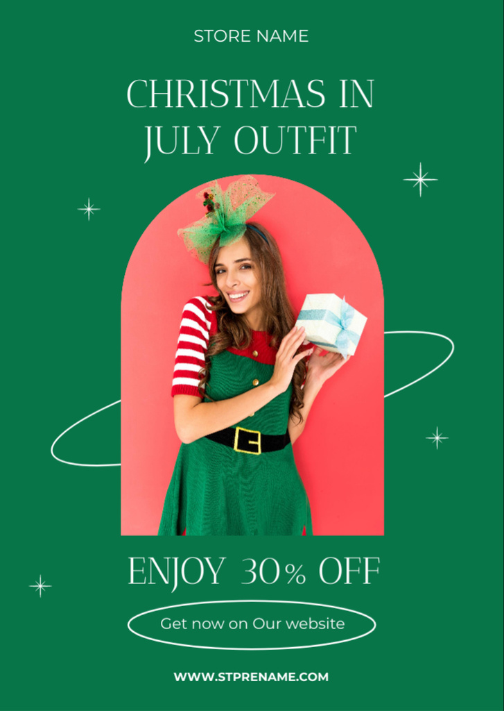 Christmas Sale with Young Woman in Elf Costume Flyer A6 tervezősablon