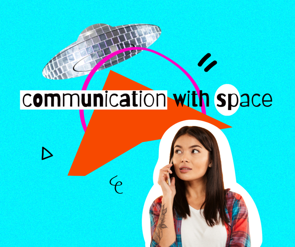 Funny Illustration of Young Girl communicating with Disco Ufo Facebook Design Template