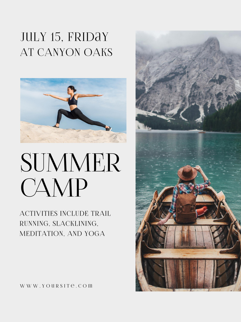 Outdoor Camp Announcement with Woman on Boat Poster US Tasarım Şablonu