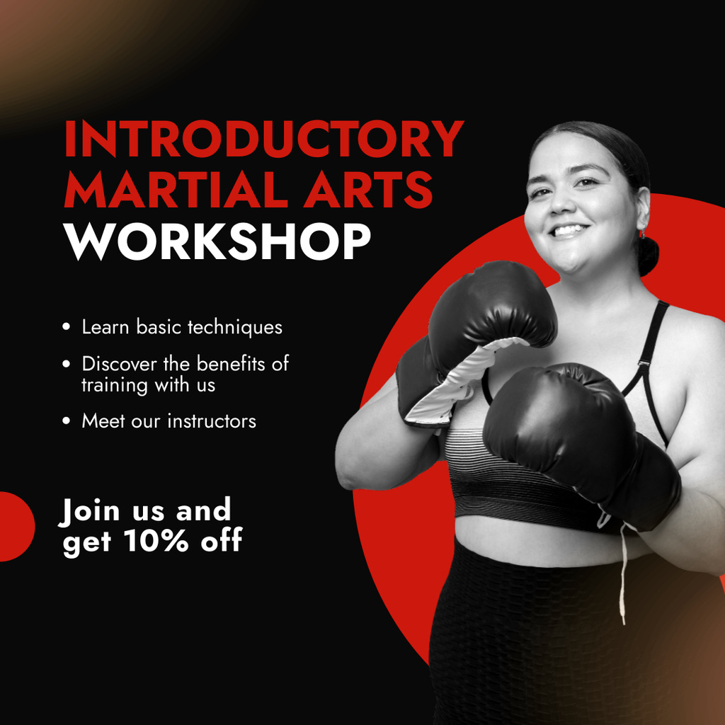 Szablon projektu Martial Arts Workshop Ad with Woman in Boxing Gloves Instagram