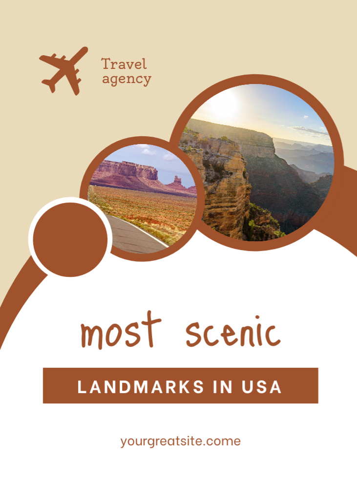 Modèle de visuel Travel Agency With USA Scenic Landmarks and Plane Illustration - Postcard 5x7in Vertical