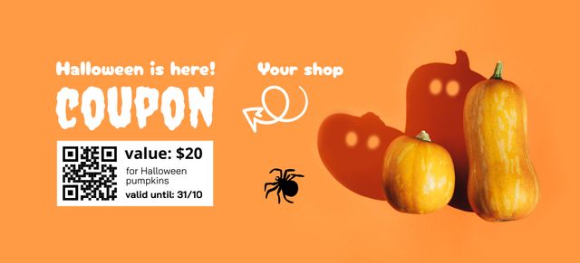 Plantilla de diseño de Halloween Celebration Announcement with Pumpkins in Orange Coupon 3.75x8.25in 