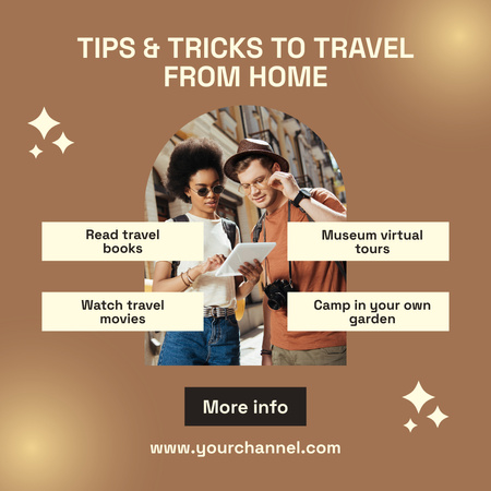 Travel Tips with Young Couple on Beige Instagram Design Template