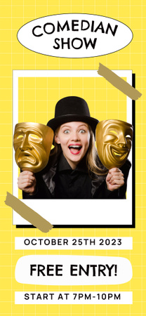 Plantilla de diseño de Anuncio de espectáculo de comediante con mujer sosteniendo máscaras Snapchat Geofilter 