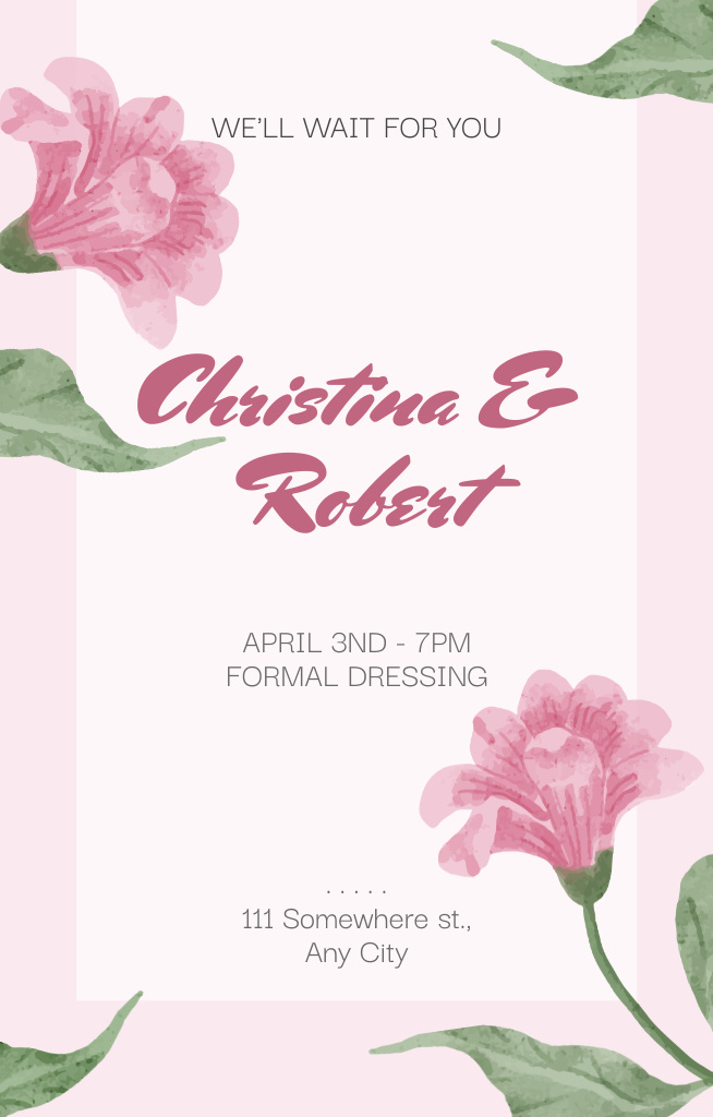 Floral Wedding Invitation with Pink Watercolor Flowers Invitation 4.6x7.2in – шаблон для дизайну