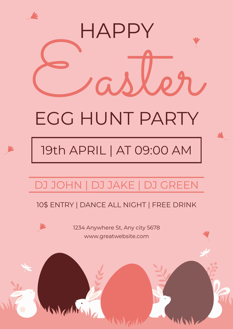 Easter Egg Hunt Party Ad with Easter Eggs and Rabbits on Pink Poster Design Template