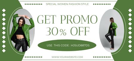 Промо модной коллекции с женщиной в зеленом блейзере Coupon 3.75x8.25in – шаблон для дизайна