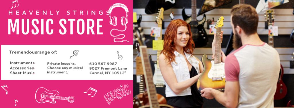 Music Store with Woman showing Guitar Facebook cover tervezősablon