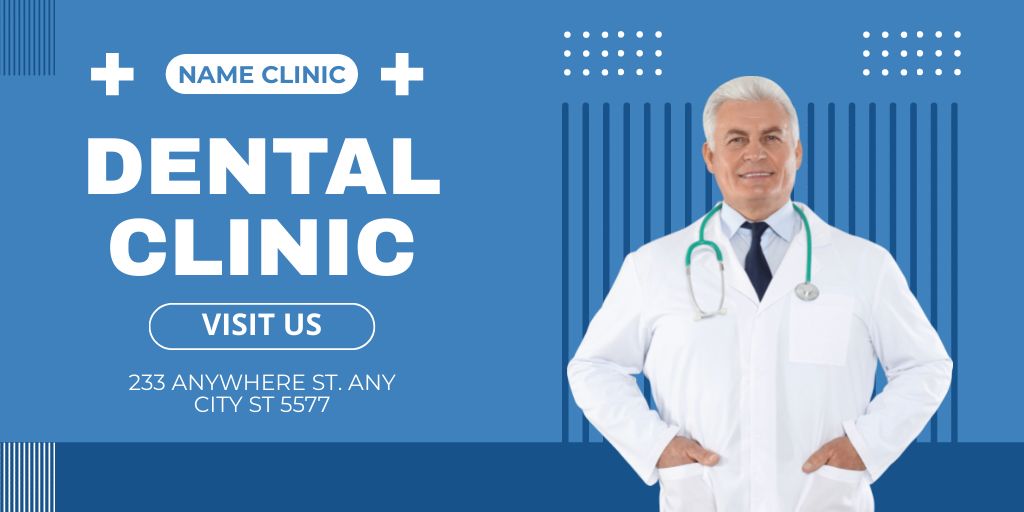 Dental Clinic Ad with Mature Dentist Twitter Design Template