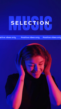 Plantilla de diseño de Anuncio de selección de música con mujer en auriculares Instagram Video Story 