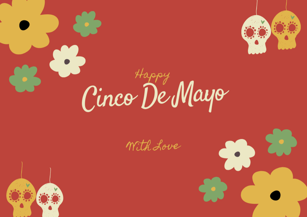 Cinco de Mayo Greeting with Skull and Flowers Card Design Template