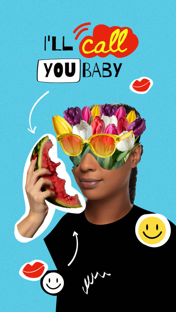 Funny Woman with Floral Head talking on Watermelon Instagram Story Design Template