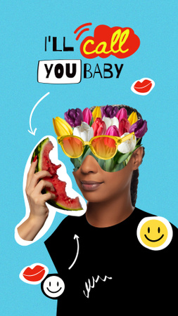 Funny Woman with Floral Head talking on Watermelon Instagram Story Modelo de Design