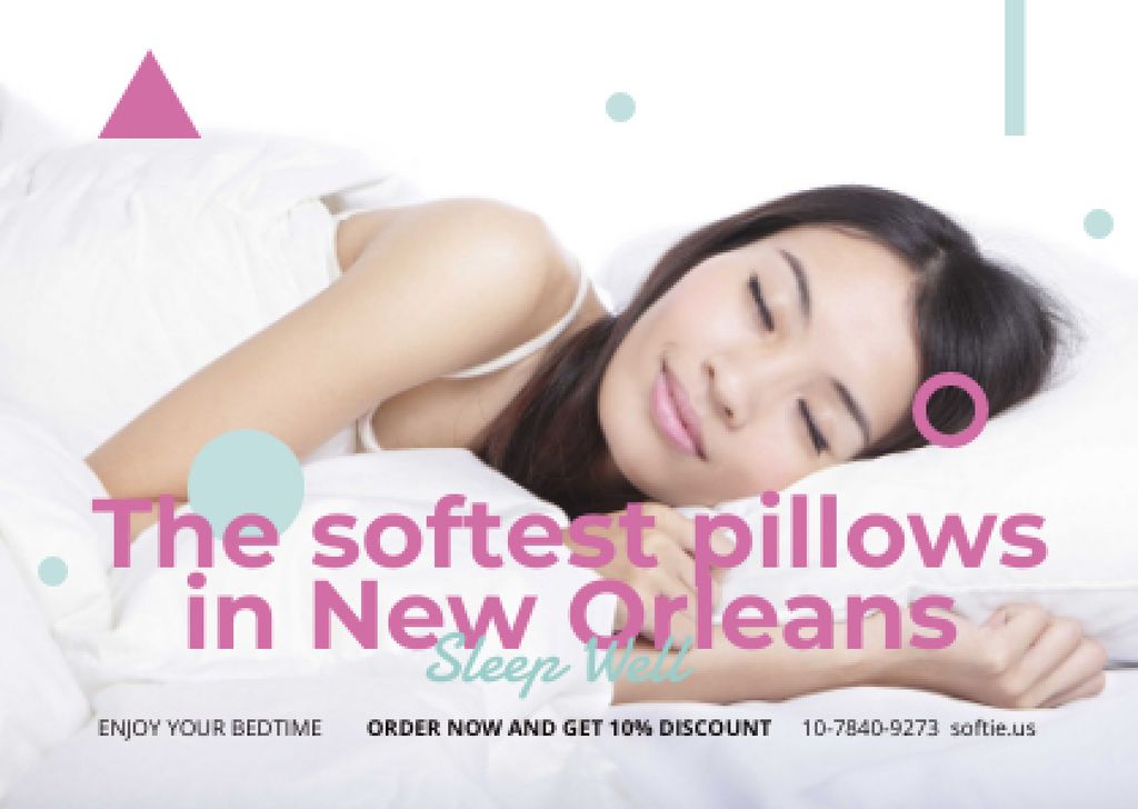 Pillows ad Girl sleeping in bed Postcard – шаблон для дизайна