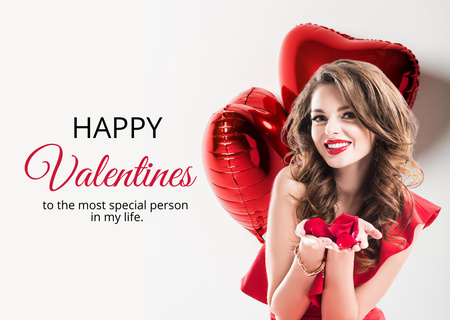 Happy Valentine's Day Greetings with Cute Young Woman Card Design Template