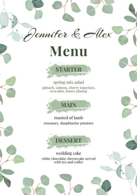Platilla de diseño Watercolor Leaves Illustration on Wedding Dishes List Menu