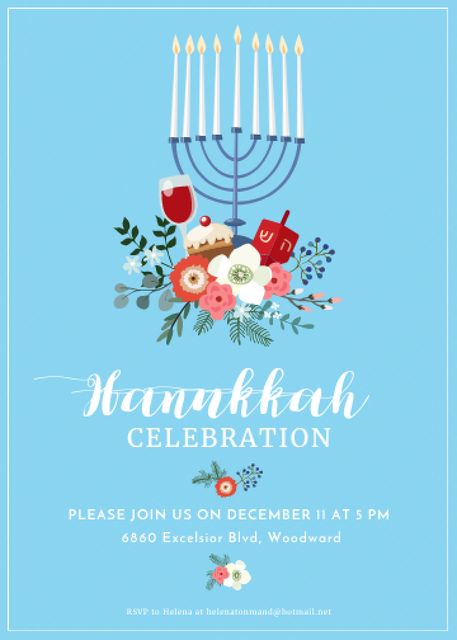 Hanukkah Celebration with Menorah on Blue Invitation Modelo de Design