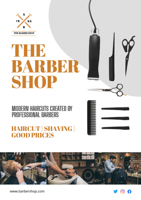 Barber Shop Ad with Hairdressing Tools Poster A3デザインテンプレート