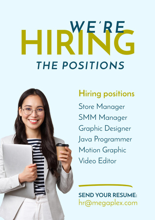Open Positions Announcement with Woman in Glasses Poster A3 Modelo de Design
