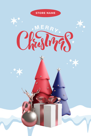 Lovely Christmas Greeting with Trees and Reindeer On Snow Postcard 4x6in Vertical Design Template
