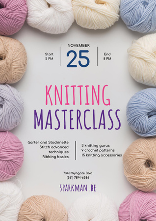 Knitting Masterclass Invitation with Wool Yarn Skeins Poster Design Template
