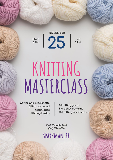 Ontwerpsjabloon van Poster van Knitting Masterclass Invitation with Wool Yarn Skeins