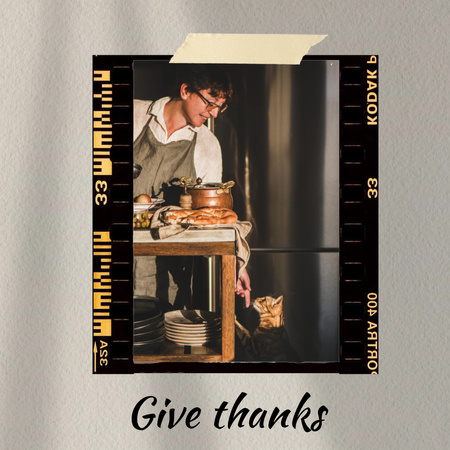 Platilla de diseño Thanksgiving Greeting with Man and his Cute Cat Instagram
