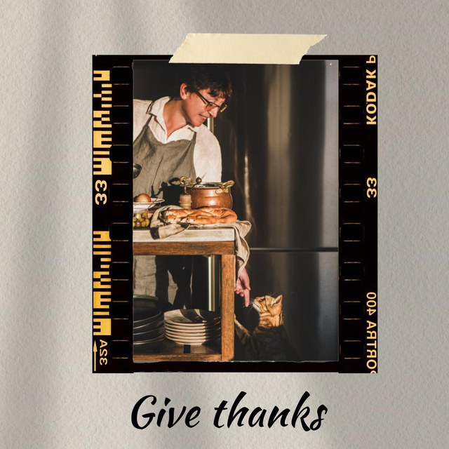 Ontwerpsjabloon van Instagram van Thanksgiving Greeting with Man and his Cute Cat