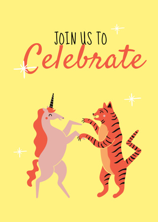 新年のお祝いで踊る面白いトラとユニコーン Postcard 5x7in Verticalデザインテンプレート