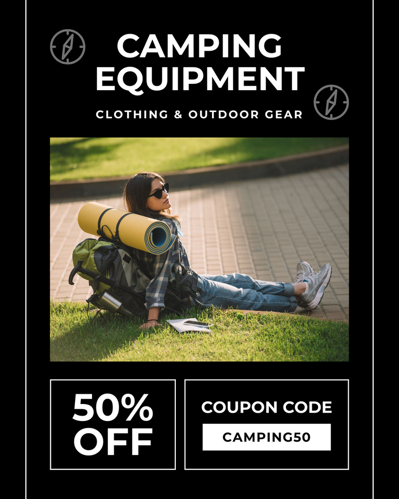 Designvorlage Ad of Camping Equipment with Tourist für Instagram Post Vertical