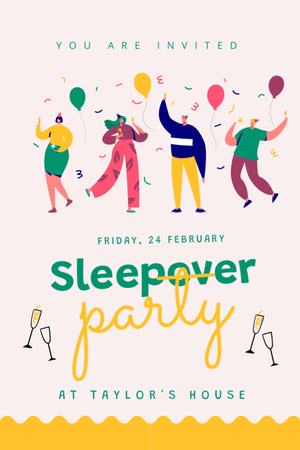February Sleepover Party with Ballons Invitation 6x9in Design Template