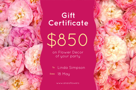 Flower Decor with Part Pink Roses Gift Certificate Design Template