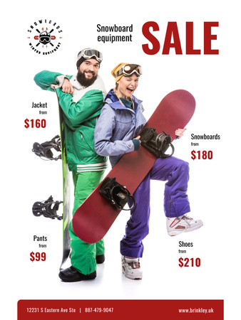 Designvorlage Zuverlässige Snowboard-Ausrüstungsverkaufsleute mit Brettern für Poster US