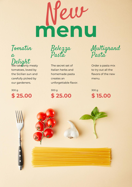 Ontwerpsjabloon van Poster A3 van New Menu Announcement with Pasta Dish and Tomatoes