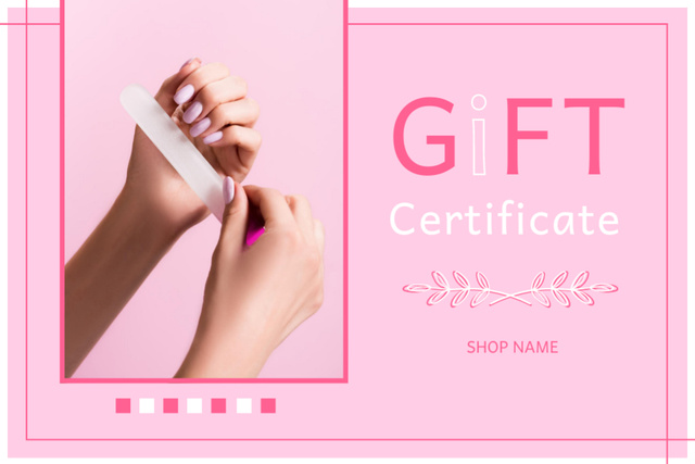 Template di design Beauty Salon Offer with Woman Filing Fingernail with Nail File Gift Certificate