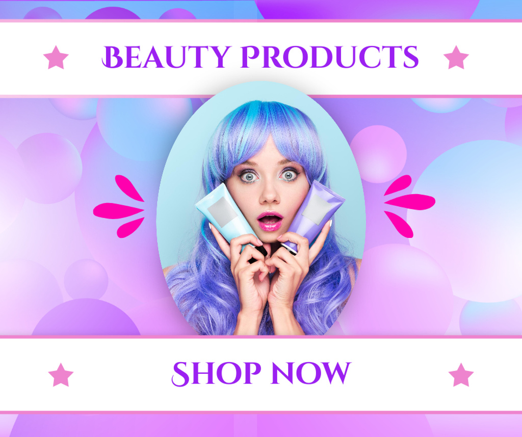 Beauty Products Sale Offer with Woman holding Creams Facebook Design Template