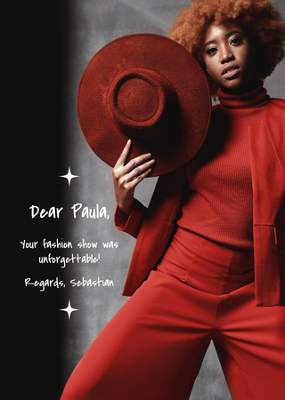 Modèle de visuel Défilé de mode avec une tenue rouge - Postcard A6 Vertical