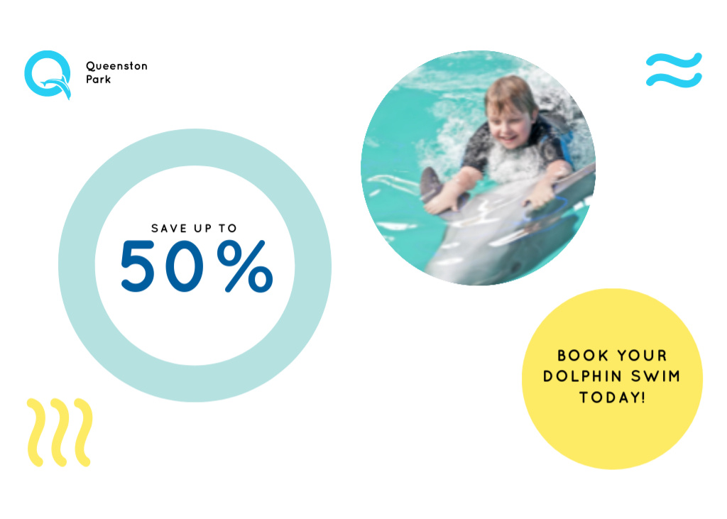 Designvorlage Swim with Dolphin Discount Offer with Kid in Pool für Flyer 5x7in Horizontal