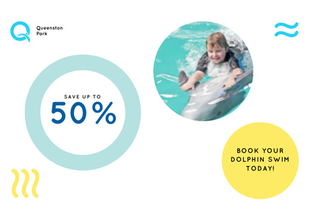 Designvorlage Angebot „Schwimmen mit Delfinen“ mit Kind im Pool für Flyer 5x7in Horizontal