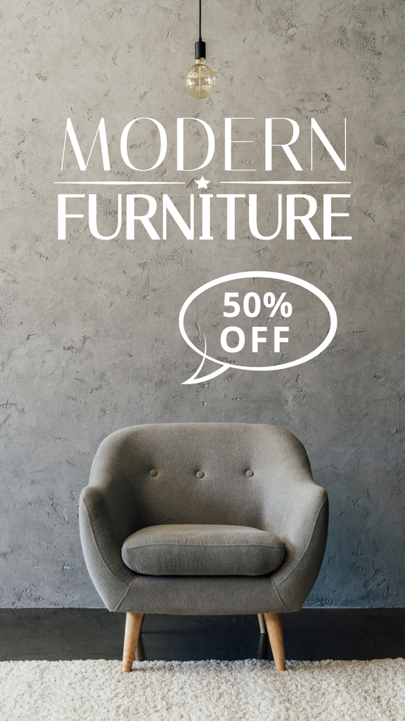 Furniture Offer with Cozy Armchair on Grey Instagram Story Πρότυπο σχεδίασης