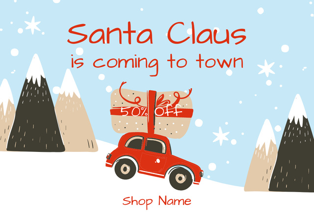 Platilla de diseño Christmas discount car driving between mountains Card