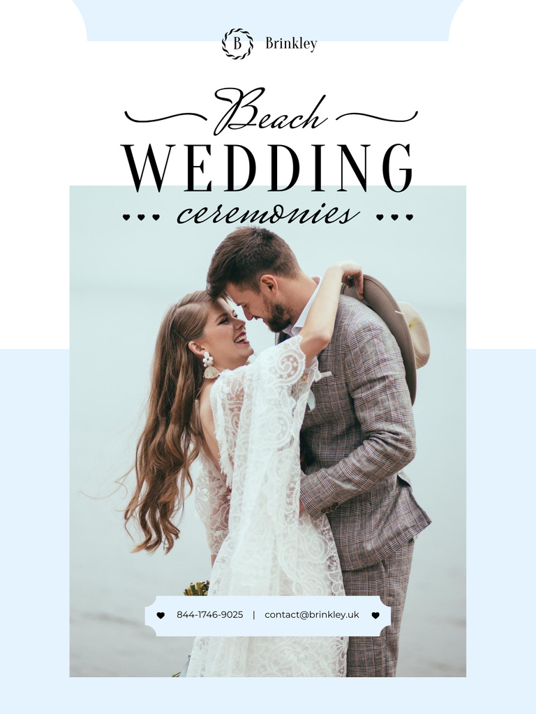 Platilla de diseño Wedding Ceremonies Organization with Happy Newlyweds at the Beach Poster US