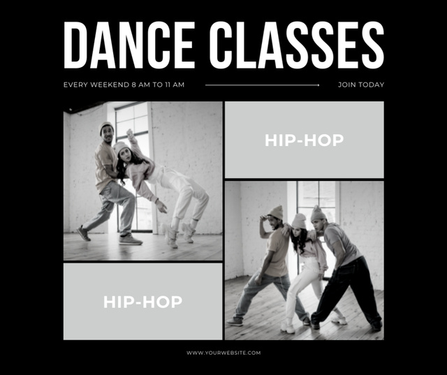 Dance Classes Announcement with Young People dancing in Studio Facebookデザインテンプレート