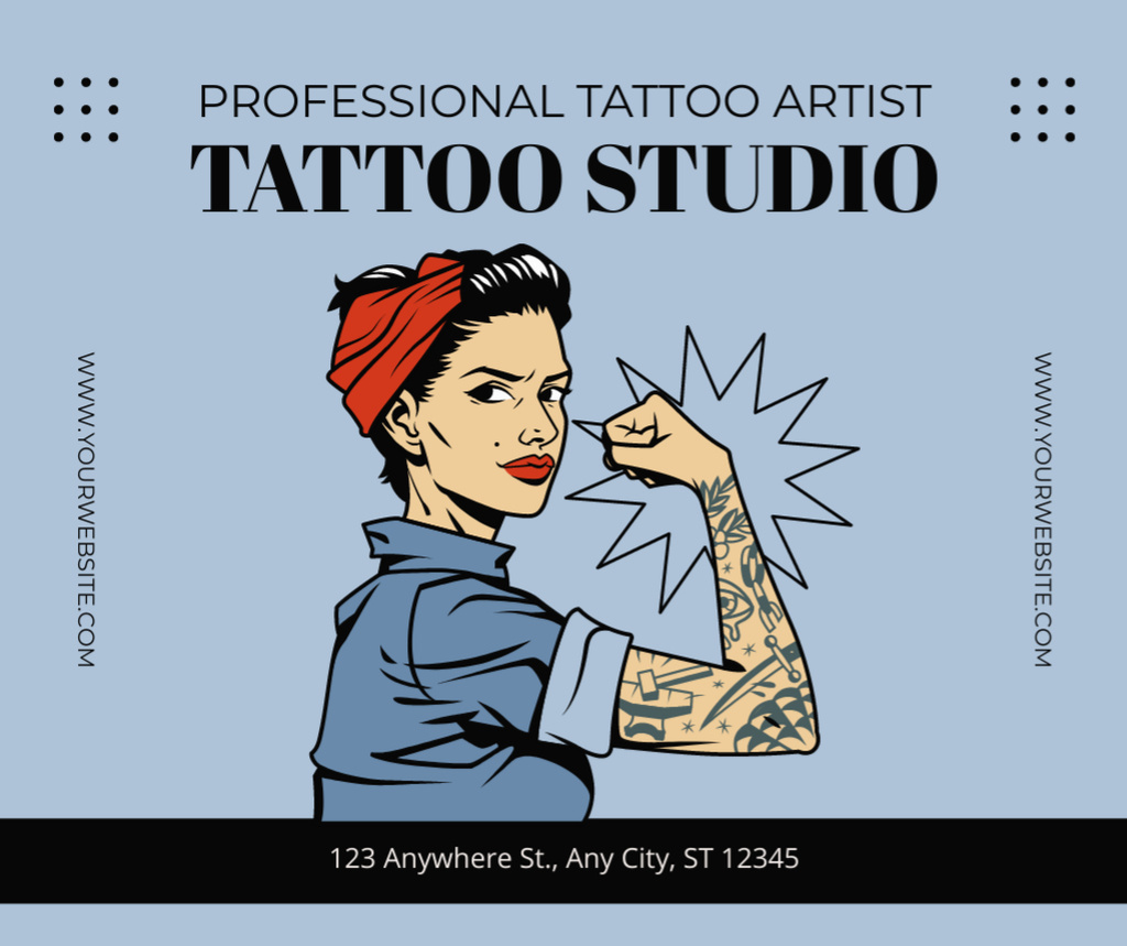 Illustrated Tattoo Artist's Studio Offer In Blue Facebook Tasarım Şablonu
