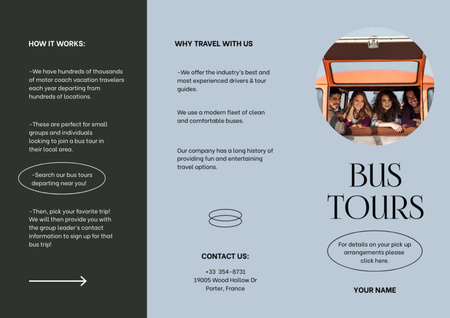 Unforgettable Bus Travel Tours Offer In Blue Brochure Design Template