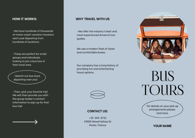 Unforgettable Bus Travel Tours Offer In Blue Brochure Šablona návrhu