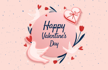 Template di design Happy Valentine's Day Greeting on Pink with Doves and Gift Thank You Card 5.5x8.5in
